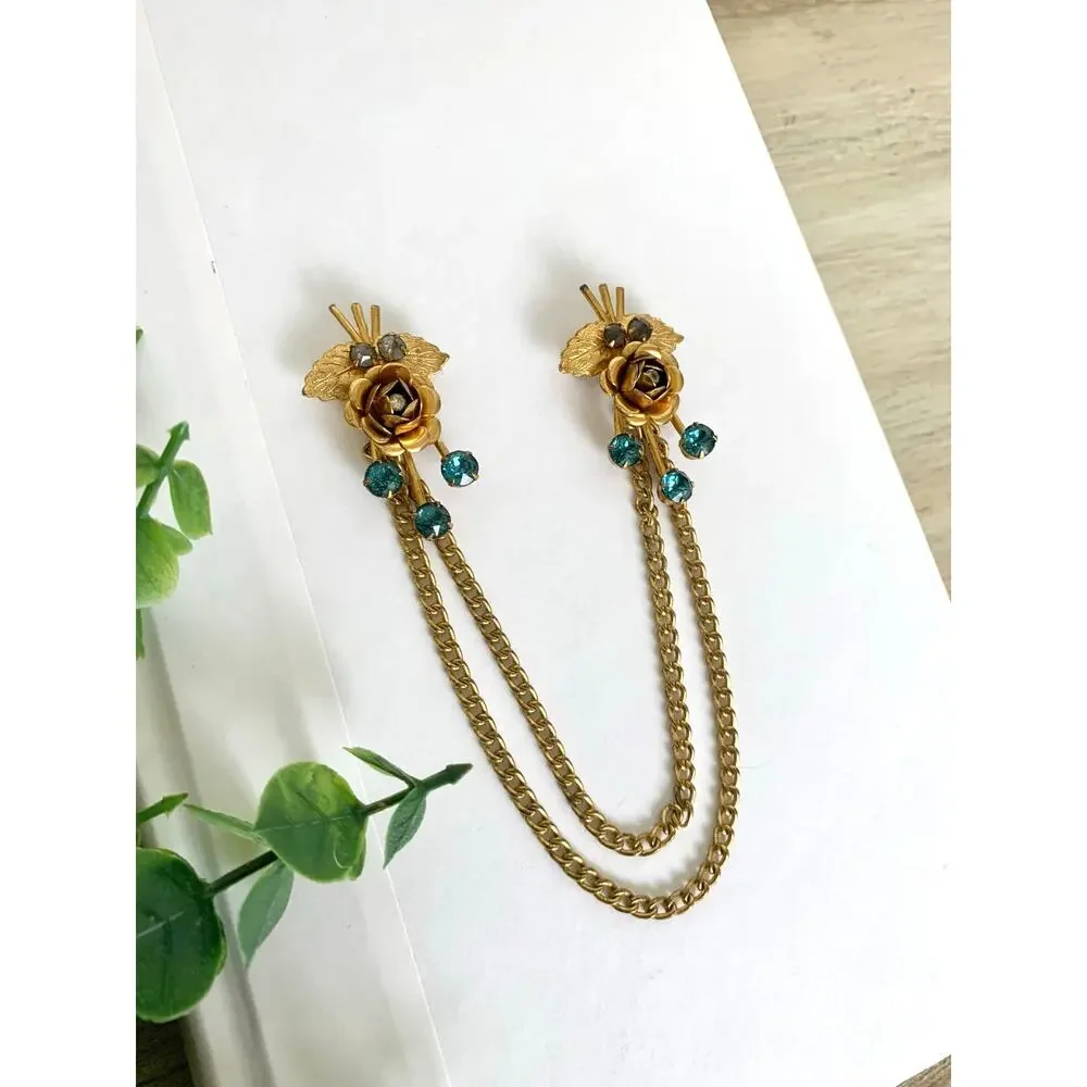 Vintage 1950s Sweater Clip Double Brooch Teal Rhinestone Gold Tone Chain Elegant